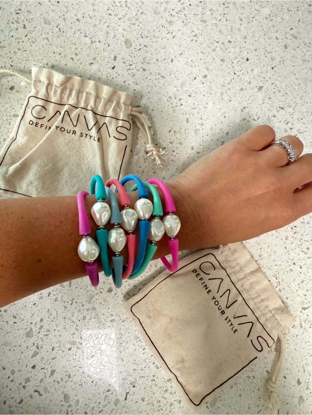 Canvas Multicolor Stretch Bracelets with Pearl Accents - Set of 7